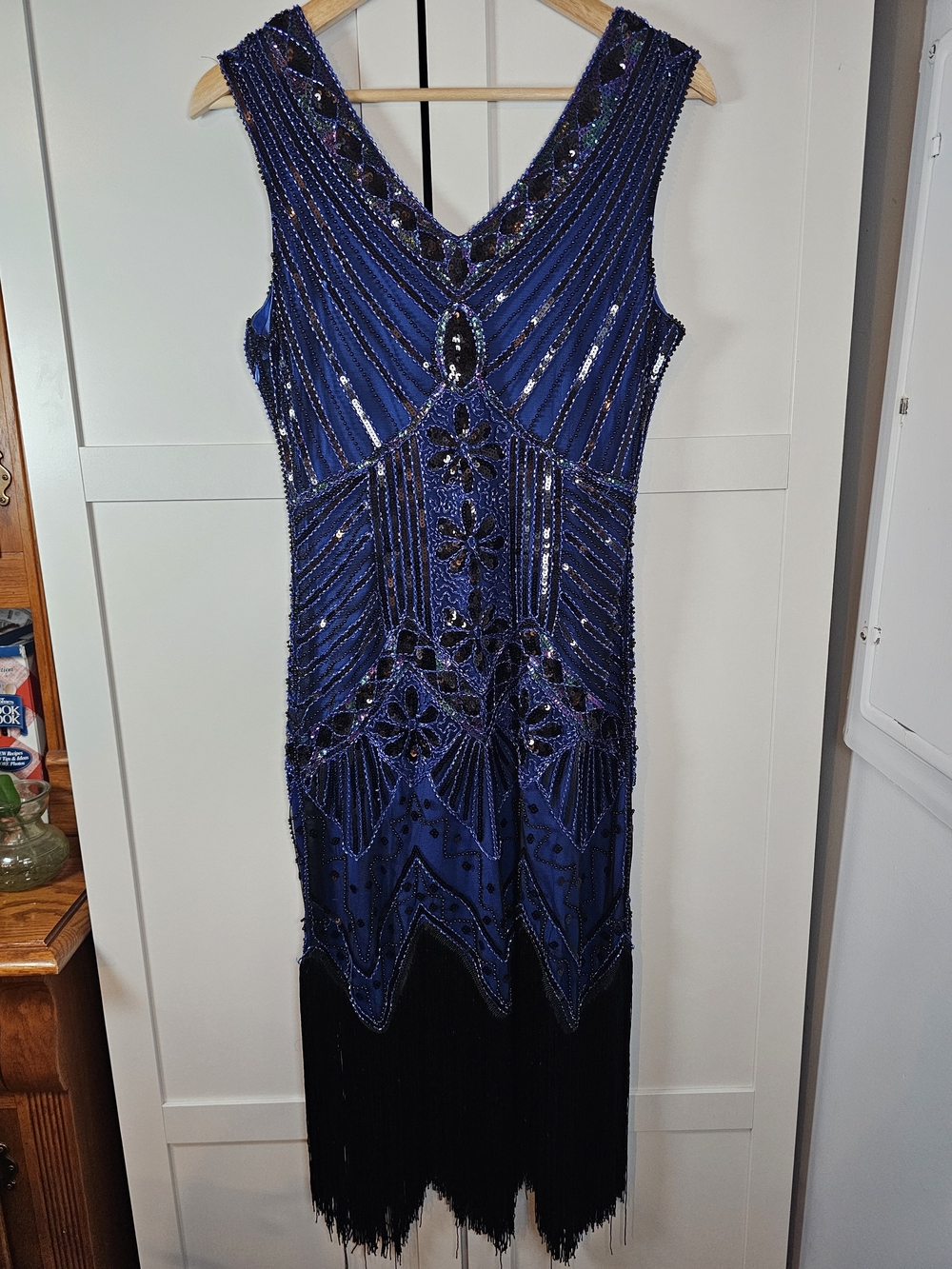 Vintage-Inspired Cobalt Blue & Black Flapper Dress Art Deco Beaded  Size M